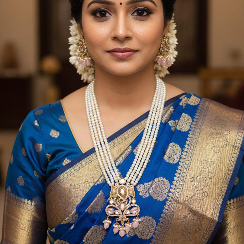 FS Collection Designer Kundan Stone And Pearl Long Necklace Set