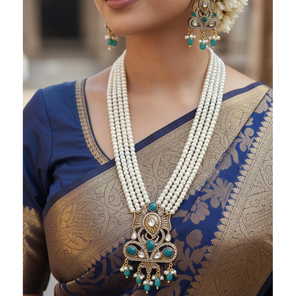 FS Collection Designer Kundan Stone And Pearl Long Necklace Set