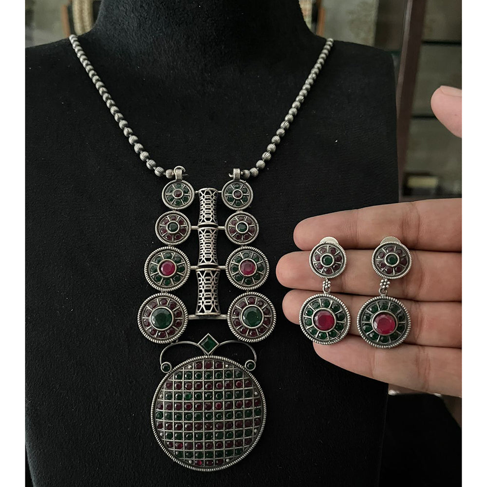 FS Collection Oxidised Royal Pota Stone Statement Necklace Set
