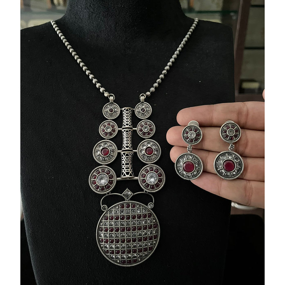 FS Collection Oxidised Royal Pota Stone Statement Necklace Set