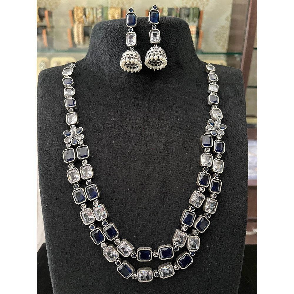 FS Collection Oxidised Royal Pota Stone And Pearl Statement Necklace Set