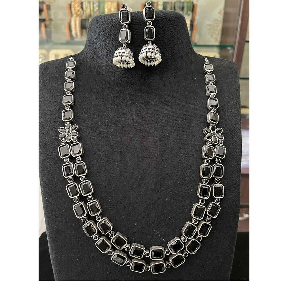 FS Collection Oxidised Royal Pota Stone And Pearl Statement Necklace Set