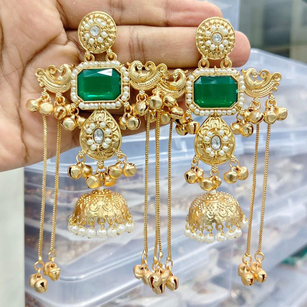 FS Collection Designer Kashmiri Pota Stone And Ghungharoo Long Dangler Earrings