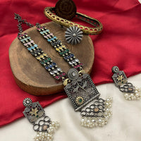 FS Collection 2 Tone Plated Pota Stone And Pearl Long Necklace Set