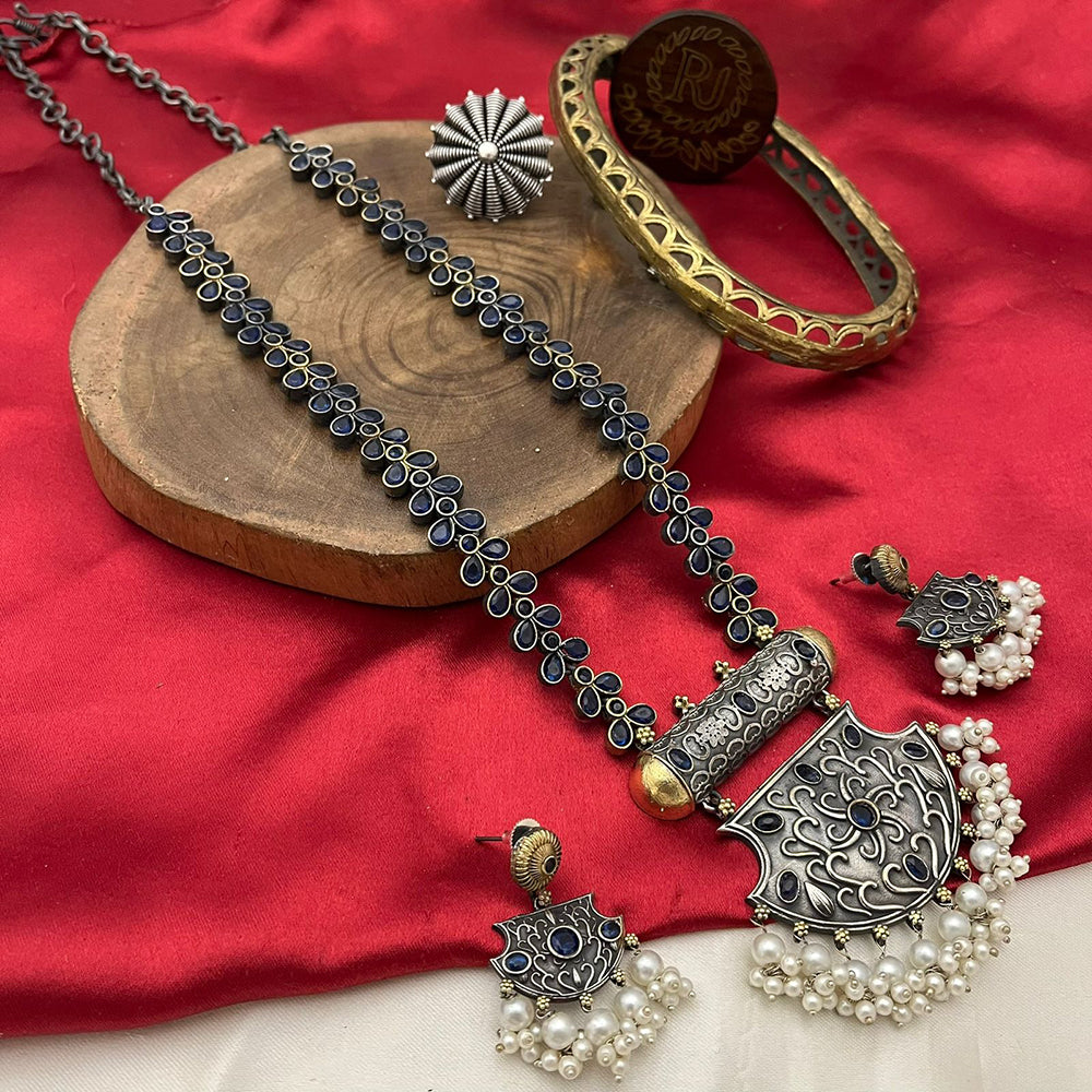 FS Collection 2 Tone Plated Pota Stone And Pearl Long Necklace Set