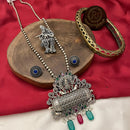 FS Collection Royal Oxidised Plated Pota Stone And Beads Long Necklace Set