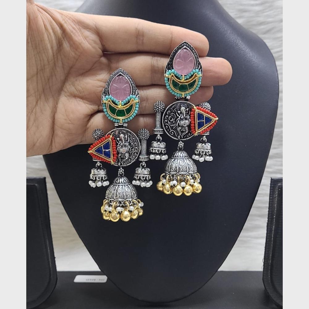 FS Collection 2 Tone Plated Pota Stone And Pearl Jhumki Earrings