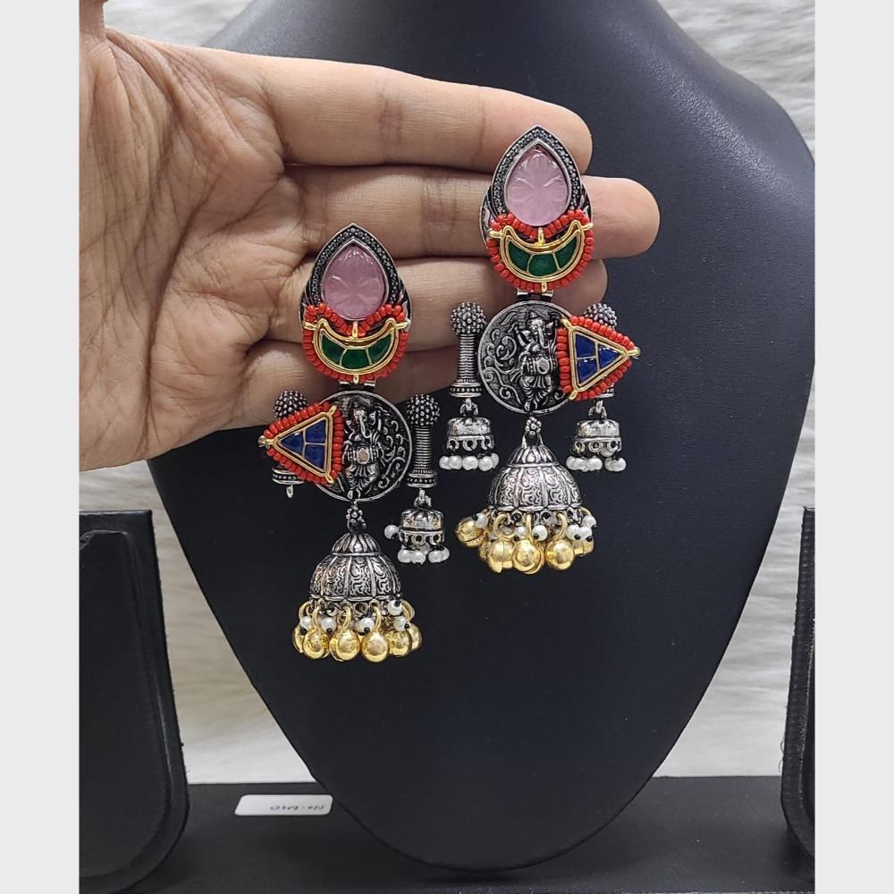 FS Collection 2 Tone Plated Pota Stone And Pearl Jhumki Earrings