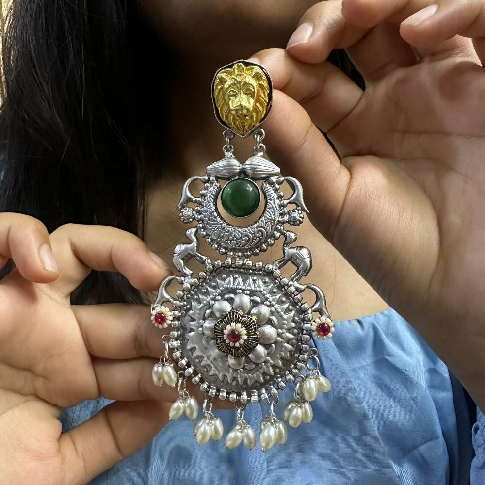 FS Collection 2 Tone Plated Pota Stone And Pearl Dangler Earrings