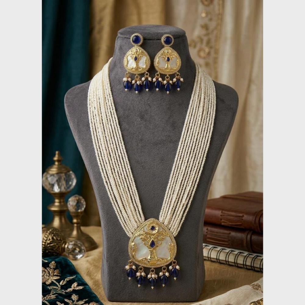 FS Collection Sparkling Pota Stone And Multi Layer Pearl Long Necklace Set