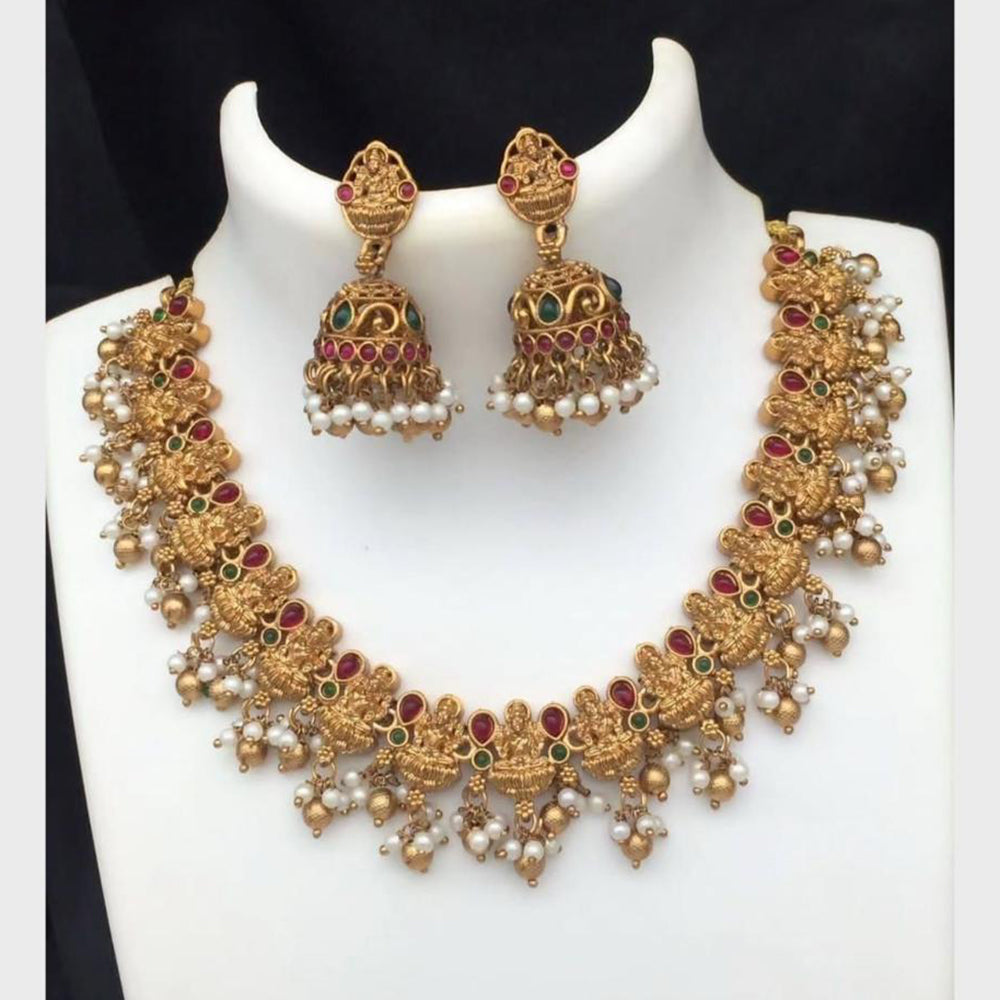 FS Collection Sparkling Pota Stone And Pearl Elegance Temple Necklace Set