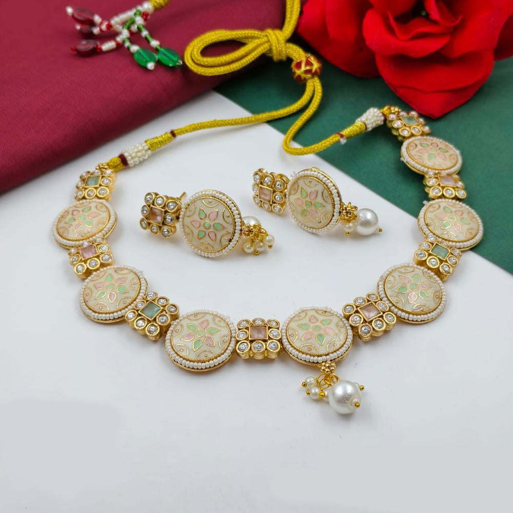 FS Collection Sparkling Pota Stone And Pearl Elegance Meenakari Necklace Set
