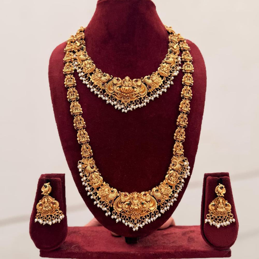 FS Collection Sparkling Pota Stone And Pearl Goddess Temple Double Necklace Set