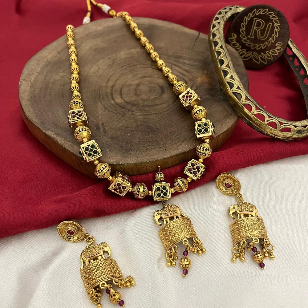 FS Collection Traditional Pota Stone And Pearl  Elephant Motifs Long Necklace Set