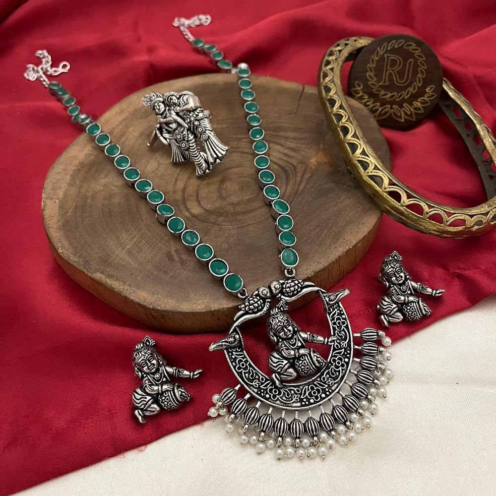 FS Collection Royal Oxidised Plated Pota Stone And Pearl Kanha Necklace Set