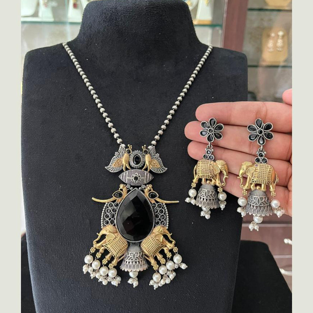 FS Collection 2 Tone Plated Pota Stone And Pearl Elephant Motifs Long  Necklace Set