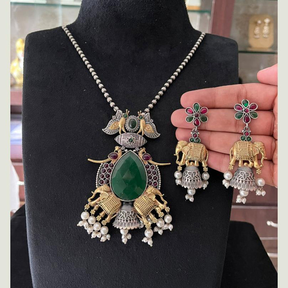 FS Collection 2 Tone Plated Pota Stone And Pearl Elephant Motifs Long  Necklace Set