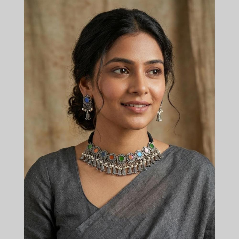 FS Collection Boho Oxidised Pota Stone And Pearl Choker Necklace Set