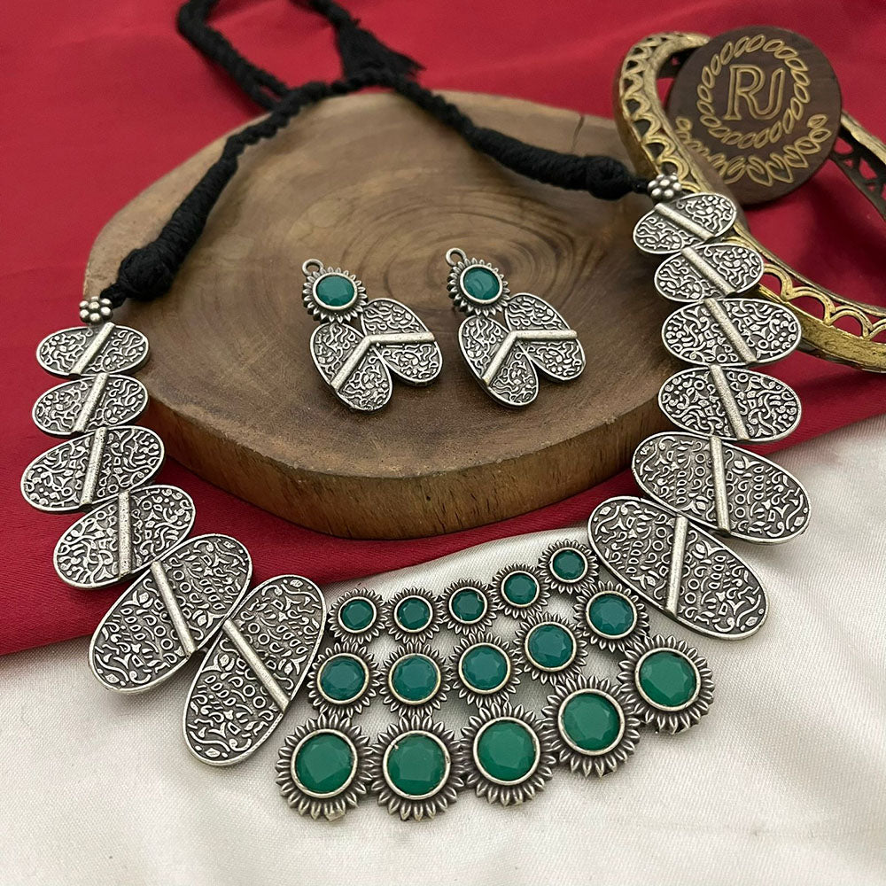 FS Collection Oxidised Plated Heritage Pota Stone Necklace Set