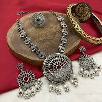 FS Collection Oxidised Plated Haritage Peals Necklace Set
