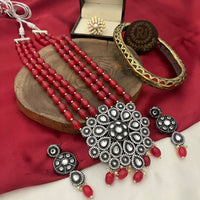 FS Collection Oxidised Plated Heritage Kundan Stone And Beads Necklace Set