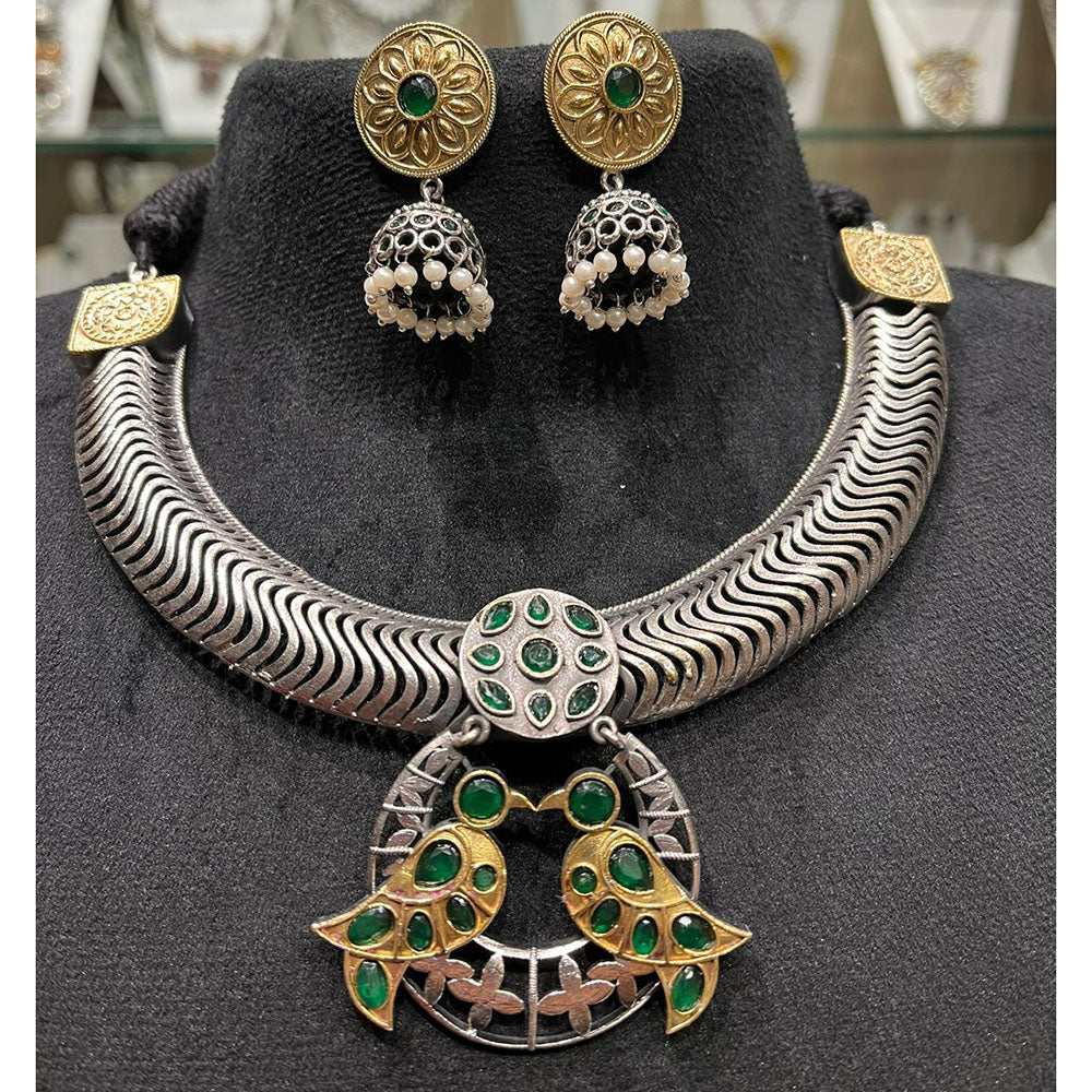 FS Collection Oxidised Plated Heritage Pota Stone Necklace Set