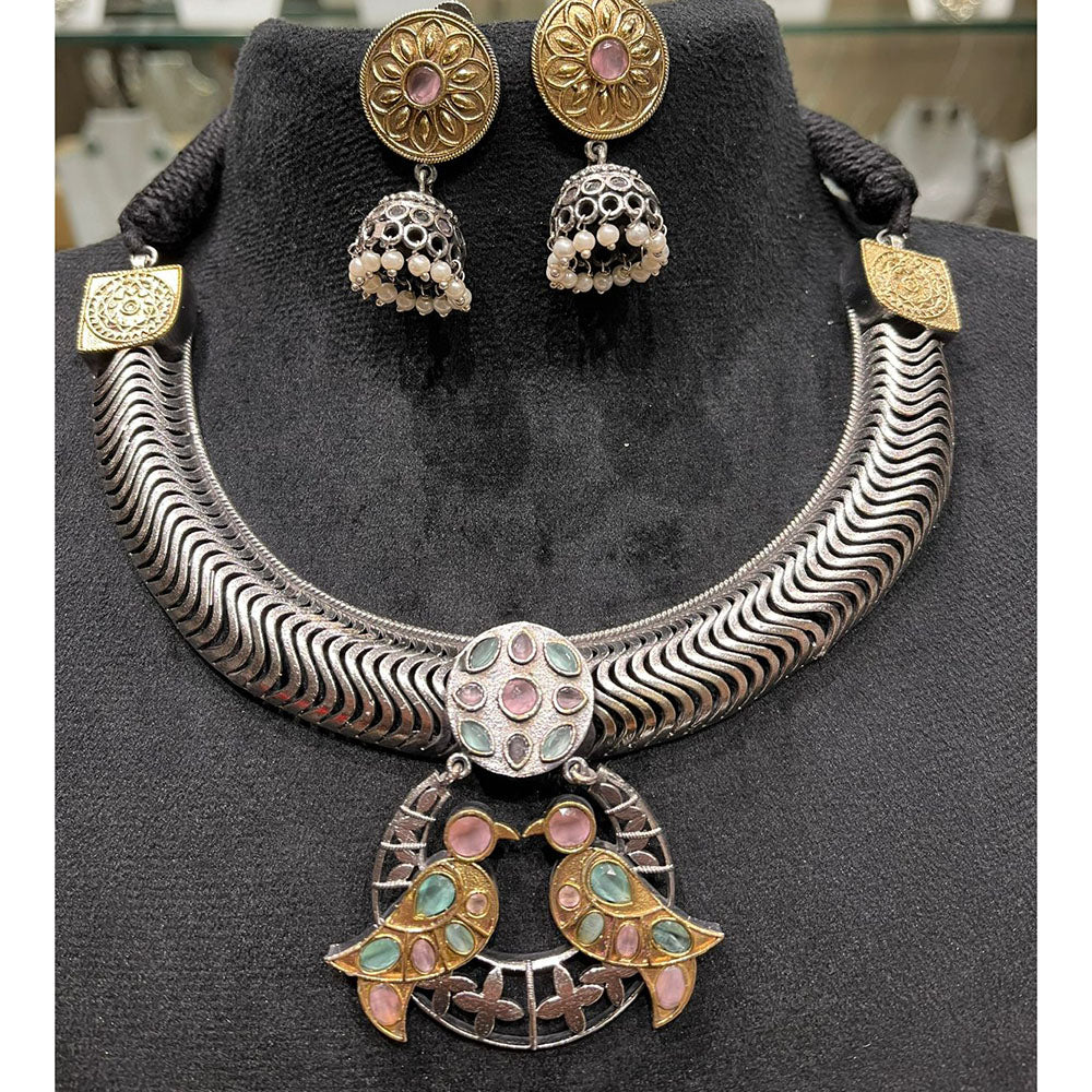 FS Collection Oxidised Plated Heritage Pota Stone Necklace Set