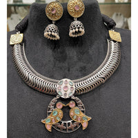 FS Collection Oxidised Plated Heritage Pota Stone Necklace Set