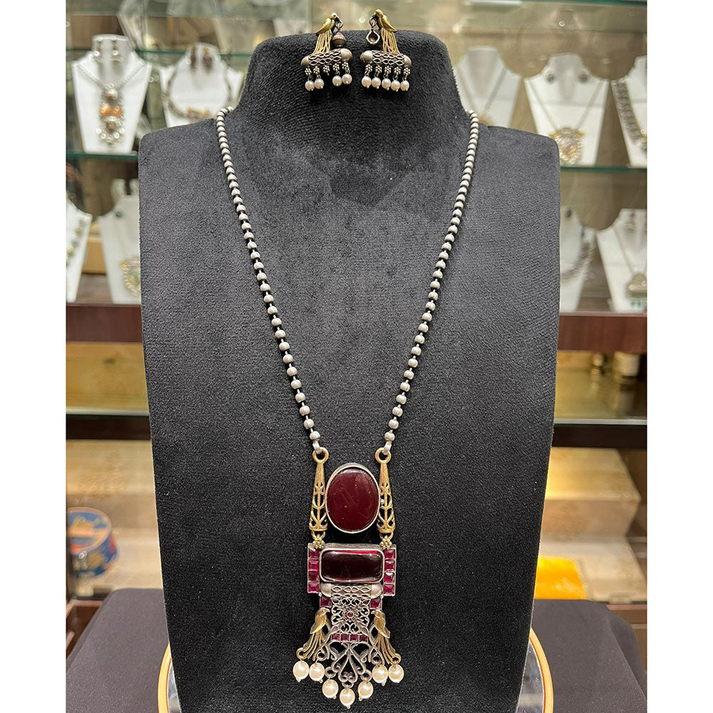 FS Collection 2 Tone Plated Pota Stone And Peal Necklace Set