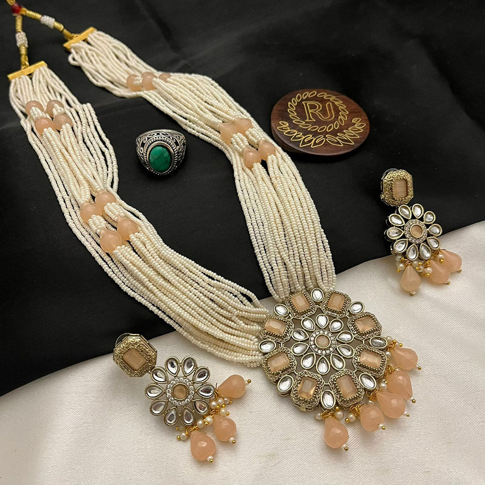 FS Collection Oxidised Plated Heritage Pearl And Beads Long Pota Stone Necklace Set