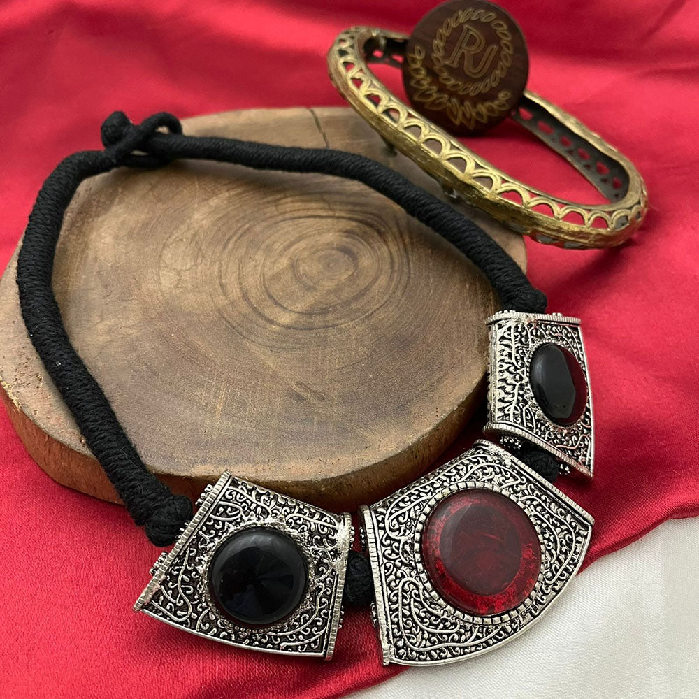 FS Collection Oxidised Pota Stone Designer Statement Necklace