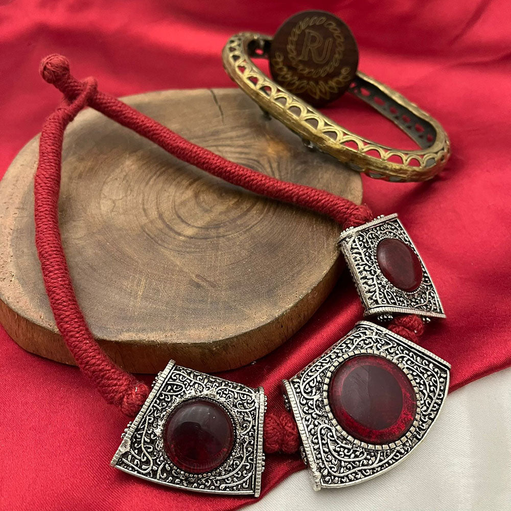 FS Collection Oxidised Pota Stone Designer Statement Necklace