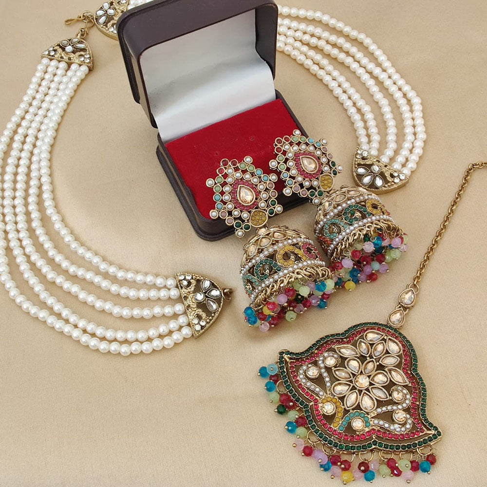 FS Collection Crystal Stone & Beads Jhumki Earrings with Maang Tikka Set
