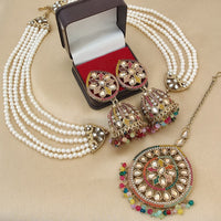 FS Collection Crystal Stone & Beads Jhumki Earrings with Maang Tikka Set