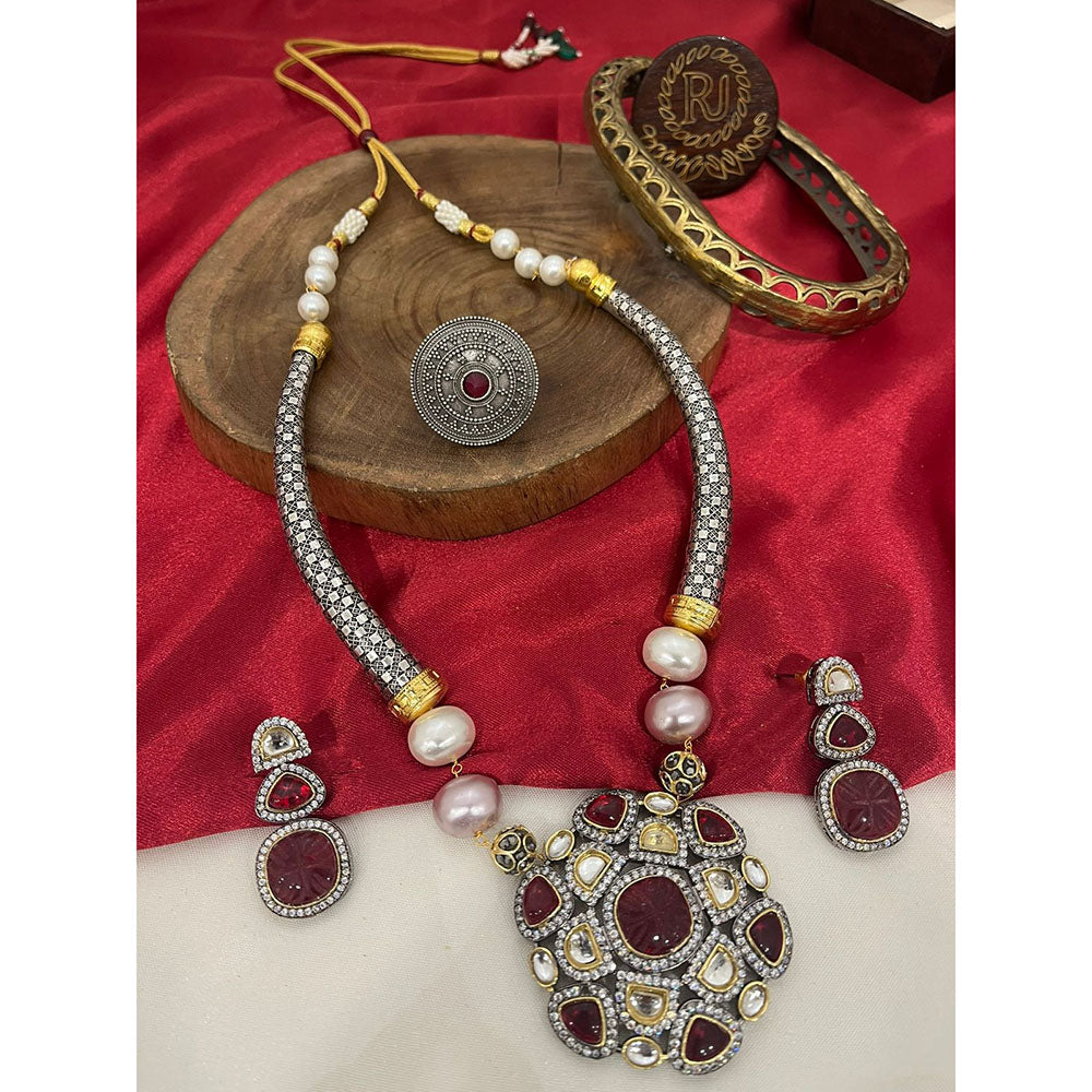 FS Collection Royal 2 Tone Plated Pota Stone Pearl And Beads Necklace Set