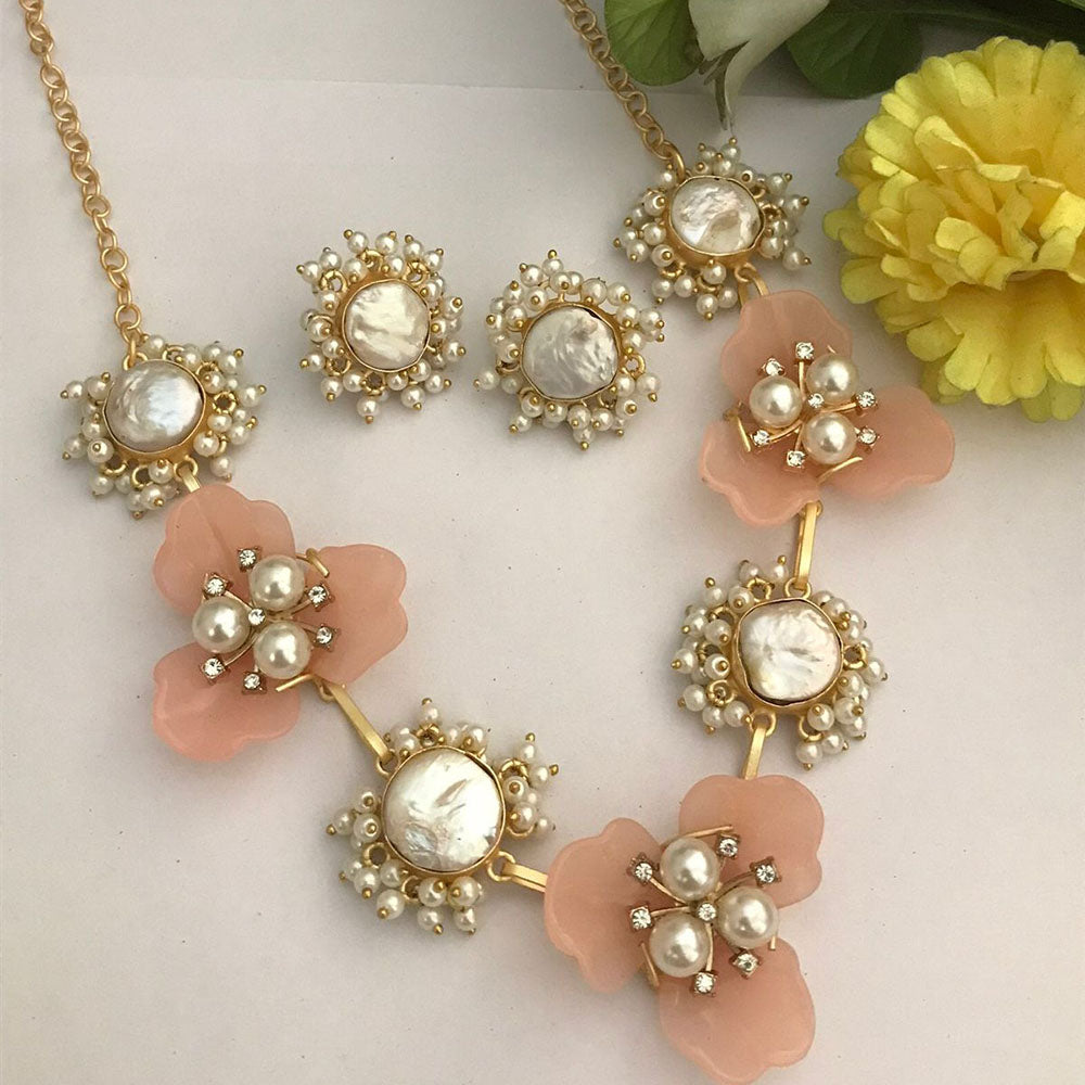 FS Collection Heritage Style Crystal Stone And Floral Mother Of Pearl Necklace Set