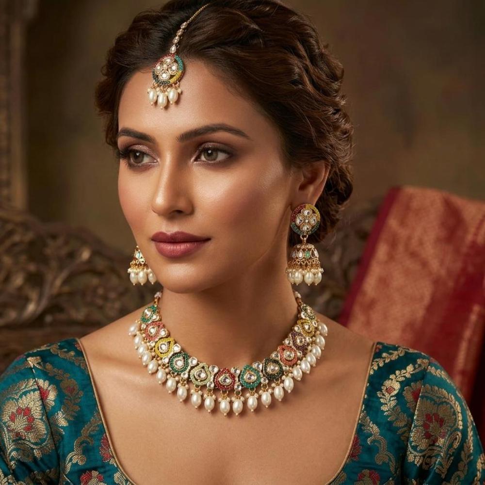 FS Collection Gold Plated Pota & Kundan Stone Choker Necklace Set