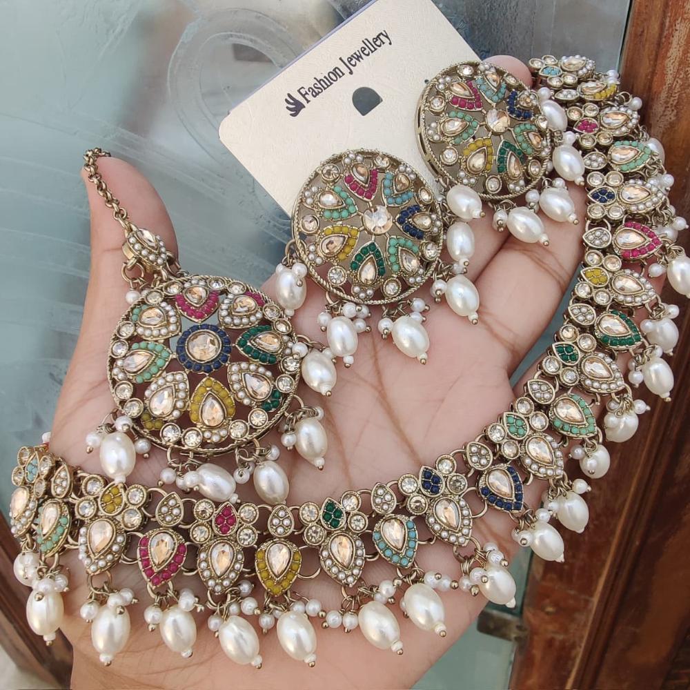 FS Collection Gold Plated Crystal & Pearl  Necklace Set