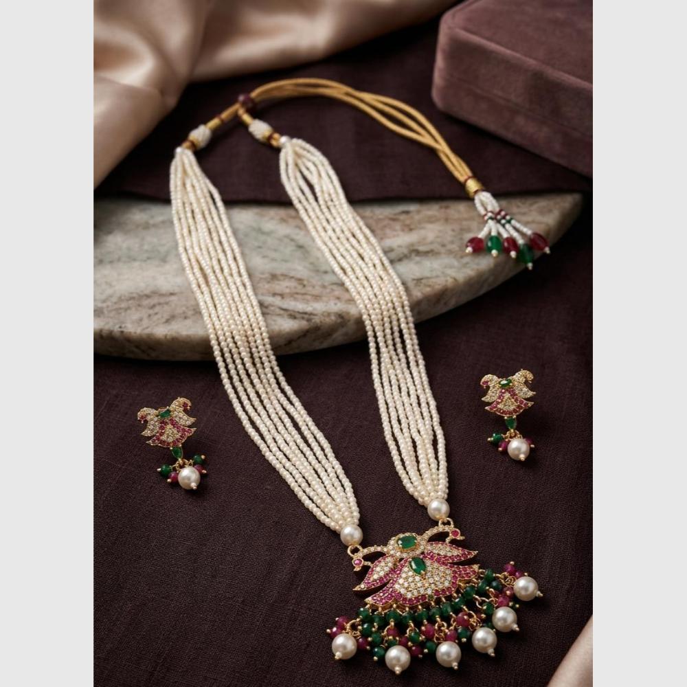 FS Collection Gold Plated Austrian Stone & Pearl Long  Necklace Set