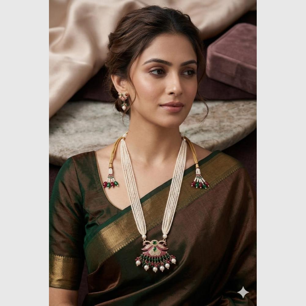 FS Collection Gold Plated Austrian Stone & Pearl Long  Necklace Set