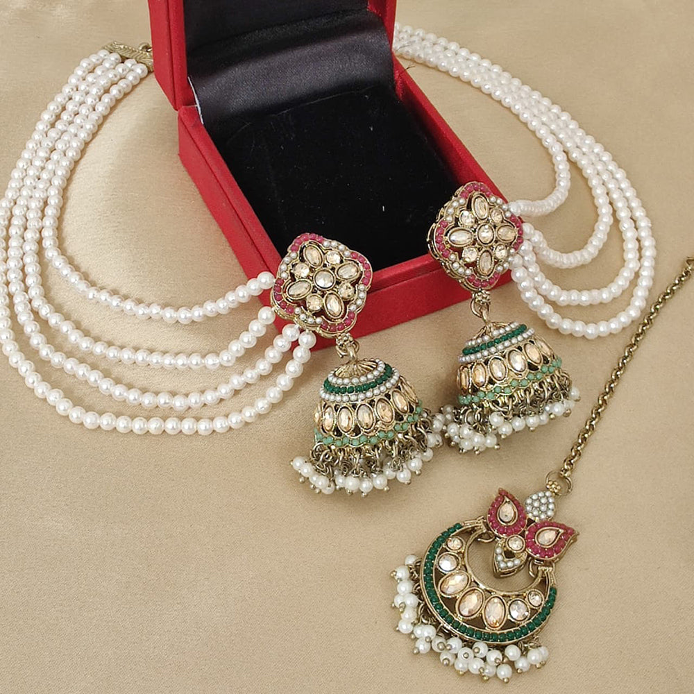 FS Collection Crystal Stone And Pearl Designer Jhumki Earrings With kanChain & Maang Tikka