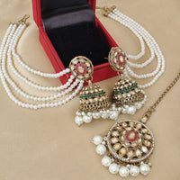 FS Collection Crystal Stone And Pearl Designer Jhumki Earrings With kanChain & Maang Tikka