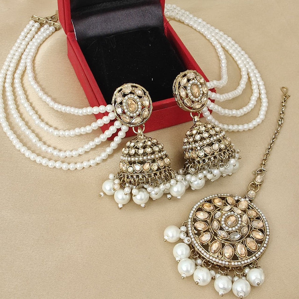 FS Collection Crystal Stone And Pearl Designer Jhumki Earrings With kan Chain & Maang Tikka