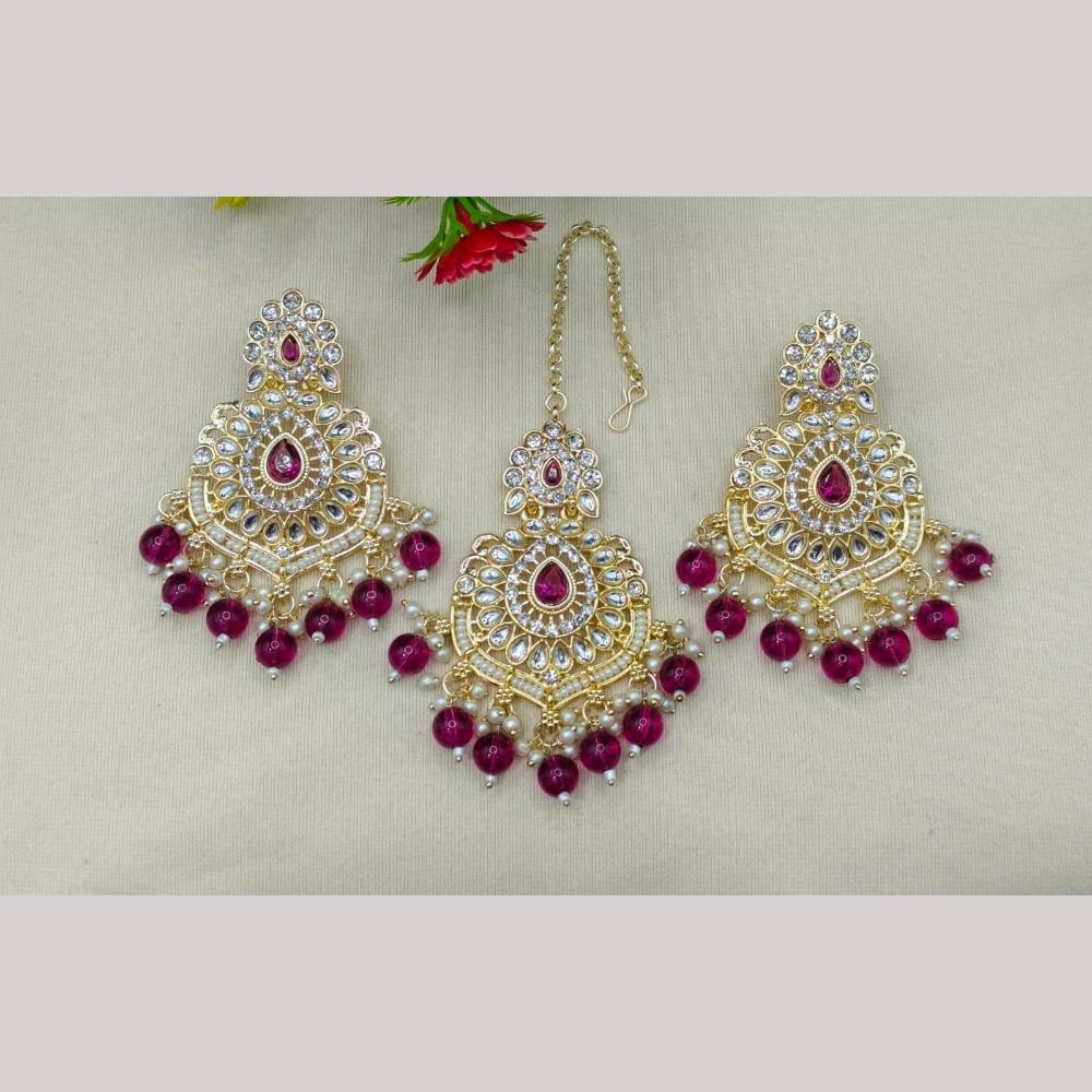 FS Collection Kundan Stone And Beads Dangler Earrings With Maangtikka