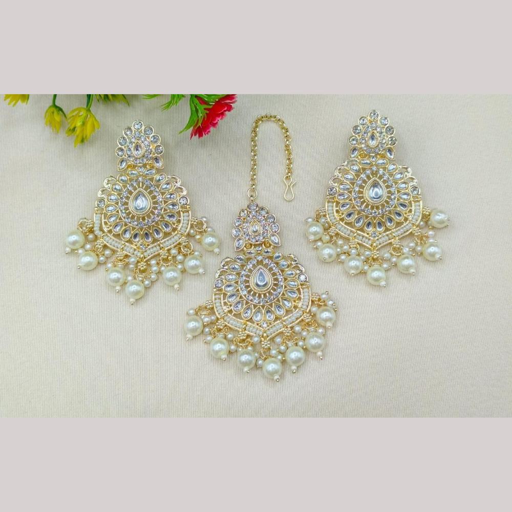 FS Collection Kundan Stone And Beads Dangler Earrings With Maangtikka