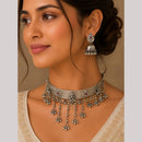 FS Collection Oxidised Plated Pota Stone And Pearl Choker Necklace Set