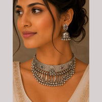 FS Collection Oxidised Plated Pota Stone And Pearl Choker Necklace Set
