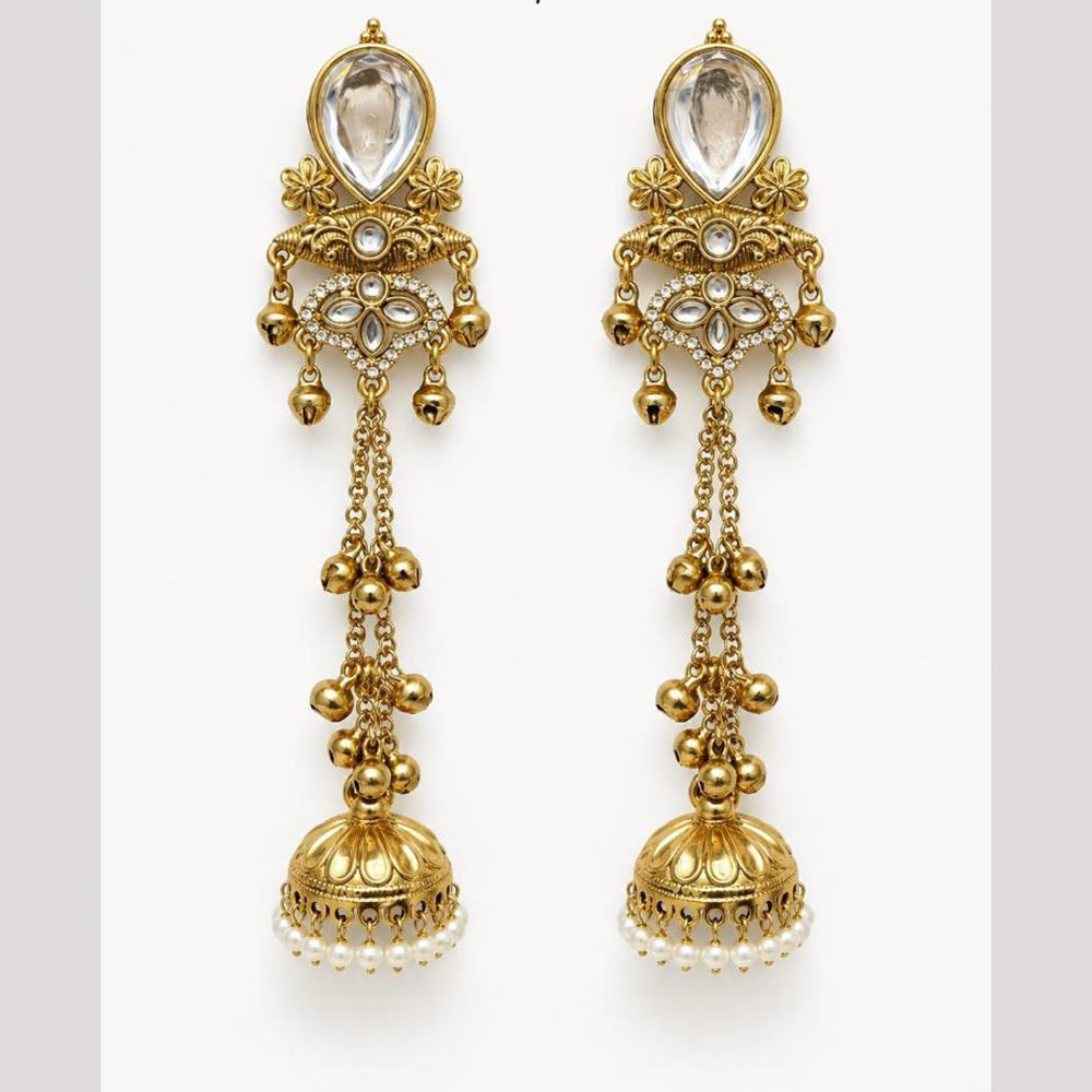 FS Collection Antique Style Pota Stone And Pearl Ghungroo Kashmiri Jhumki Earrings
