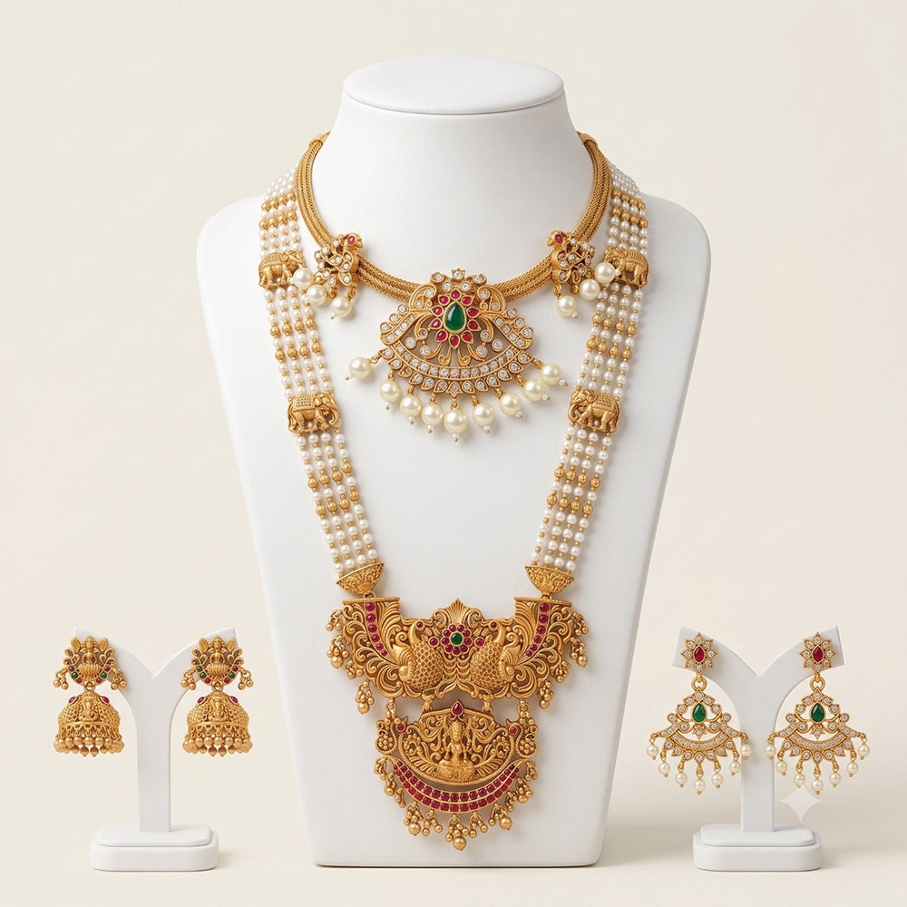 FS Collection Elegant Pota Stone And Pearl Temple Double Necklace Set