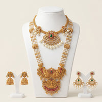FS Collection Elegant Pota Stone And Pearl Temple Double Necklace Set 